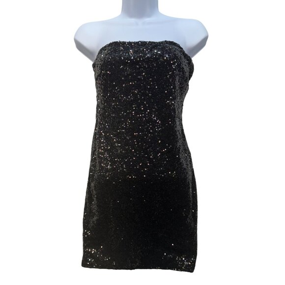 Black Sequin Strapless Mini Dress By Bear Dance M Party Holiday - Picture 1 of 10